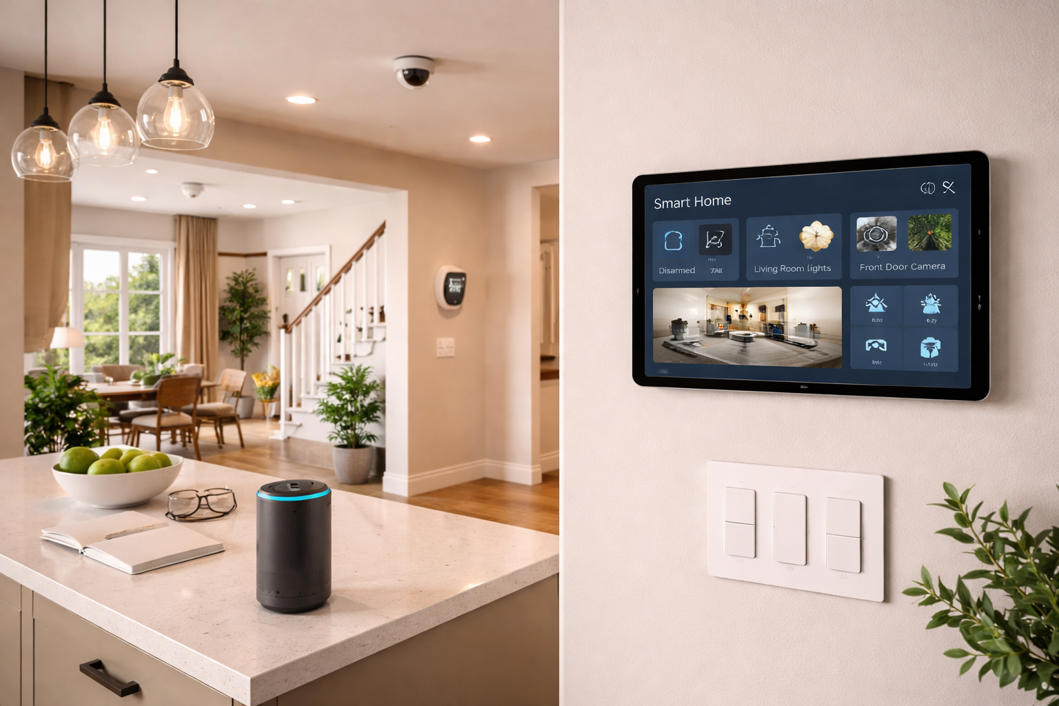 Smart home installation — control panel and connected devices